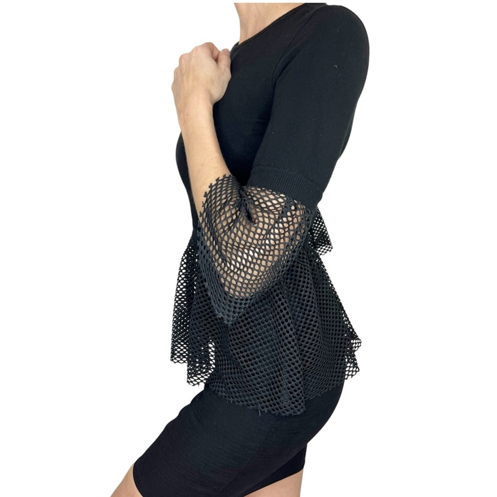 Toy G Italy black knit mesh peplum fitted 3/4 length sleeve top M